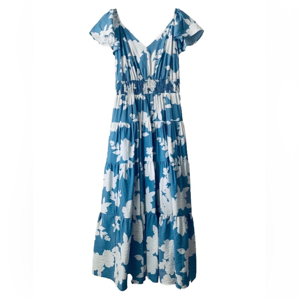 Rachel Zoe Floral Tiered Maxi Dress Women Sz L Blue White Cottagecore Feminine